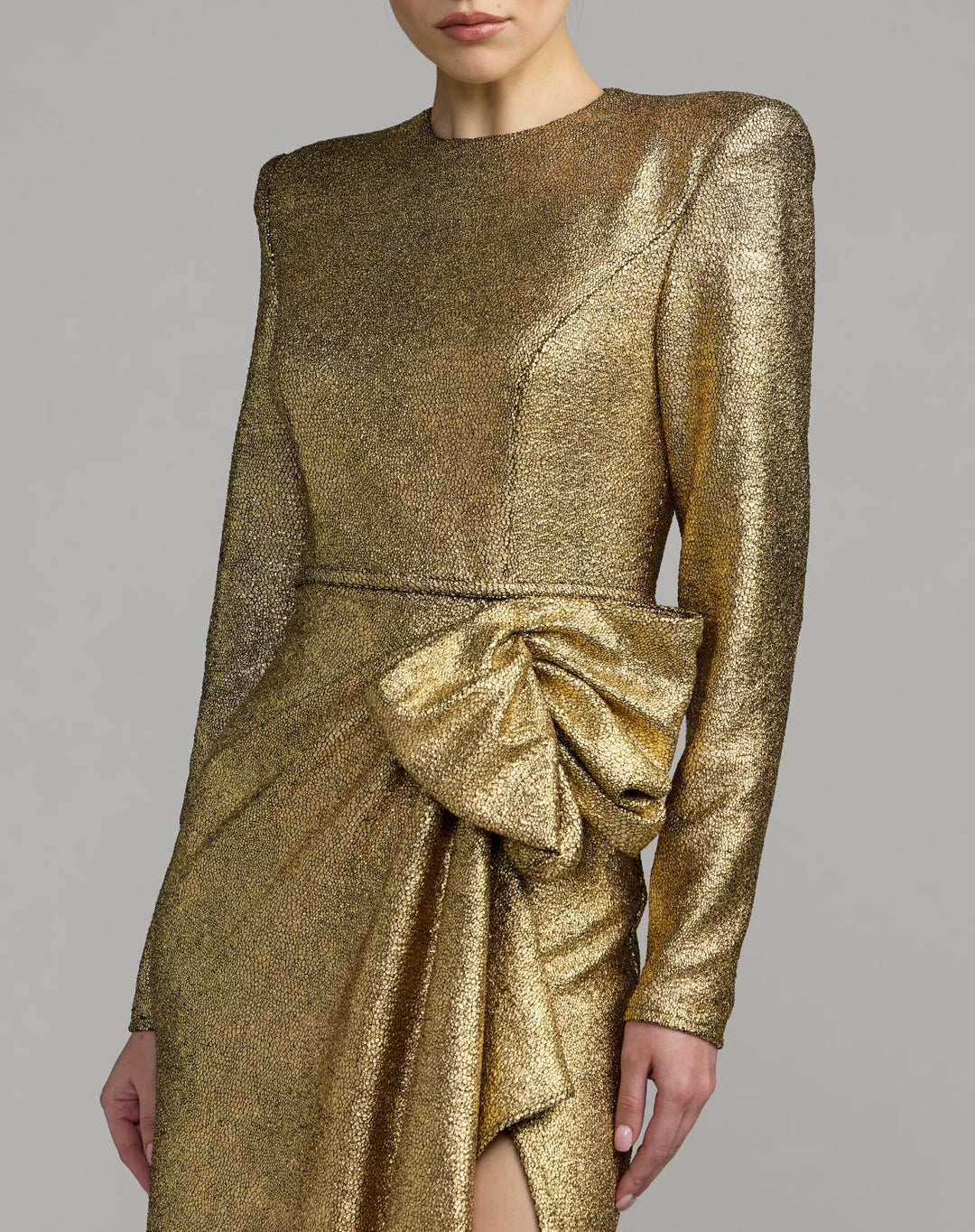 Mac Duggal 27853 Metallic Long Sleeve Structured Bow Draped Gown