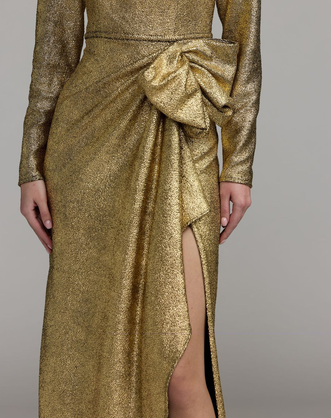 Mac Duggal 27853 Metallic Long Sleeve Structured Bow Draped Gown