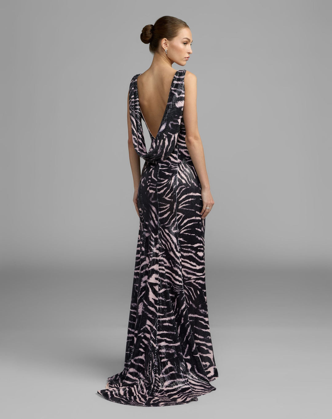 Mac Duggal 27860 and Tiger Print Cowl Back Sequin Gown