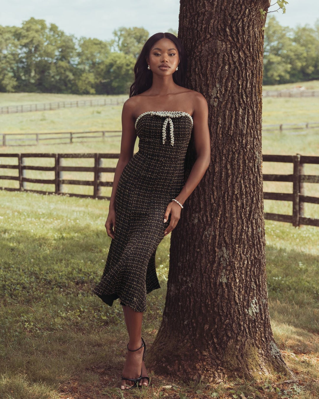 Mac Duggal 27868 Pearl Trim Boucle Midi Dress