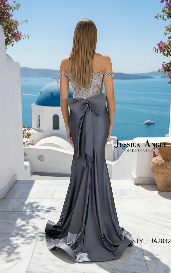 Jessica Angel 2832 off shoulder crystal bodice bow back gown back view