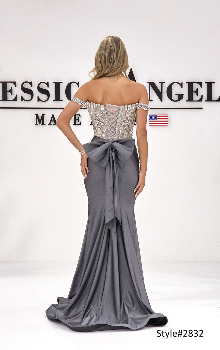 Jessica Angel 2832 off shoulder crystal bodice bow back gown studio back view