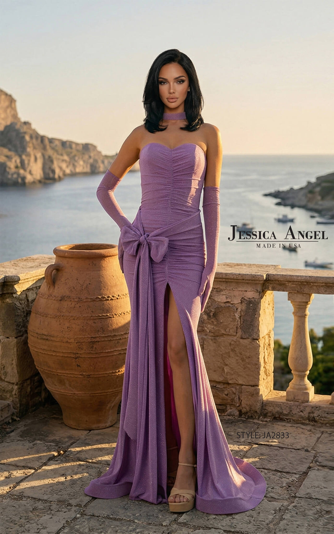 Jessica Angel 2833 strapless ruched bow sash mermaid gown front view