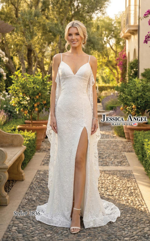 Jessica Angel 2836 V-Neck Lace Gown with High Slit and Open Back
