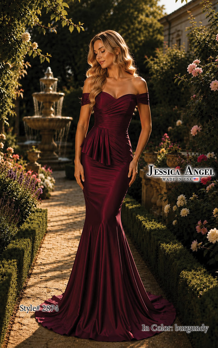 Jessica Angel 2874 peplum drape mermaid gown front view 3