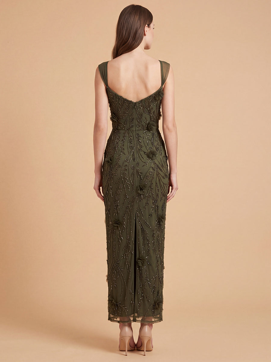 Lara 28830 Beaded Midi Dress with 3-D Florals