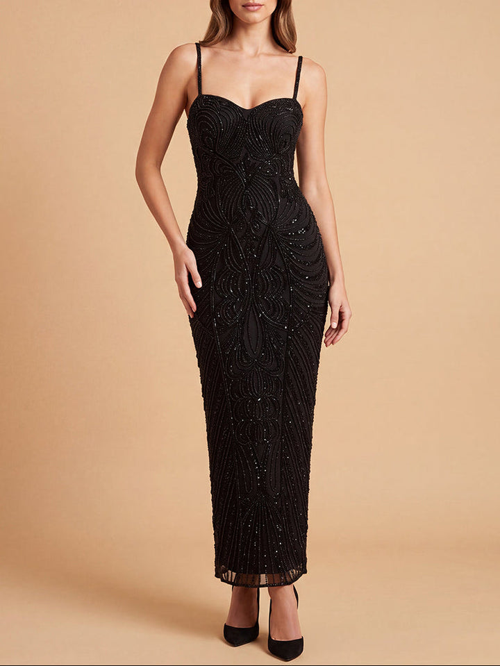Lara 28831 Beaded Midi Dress with Spaghetti Straps