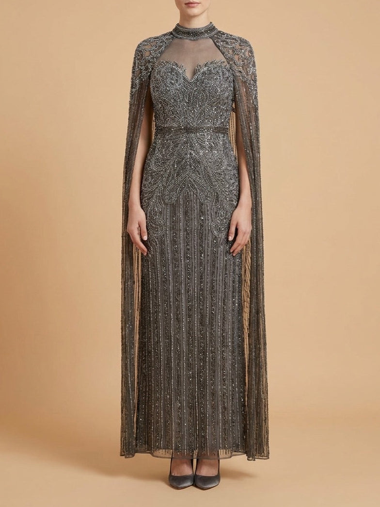 Lara 28834 High Neck Beaded Dress with Long Cape