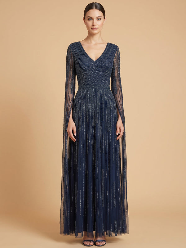 Lara 28835 V-Neck Beaded Dress with Long Cape Sleeves