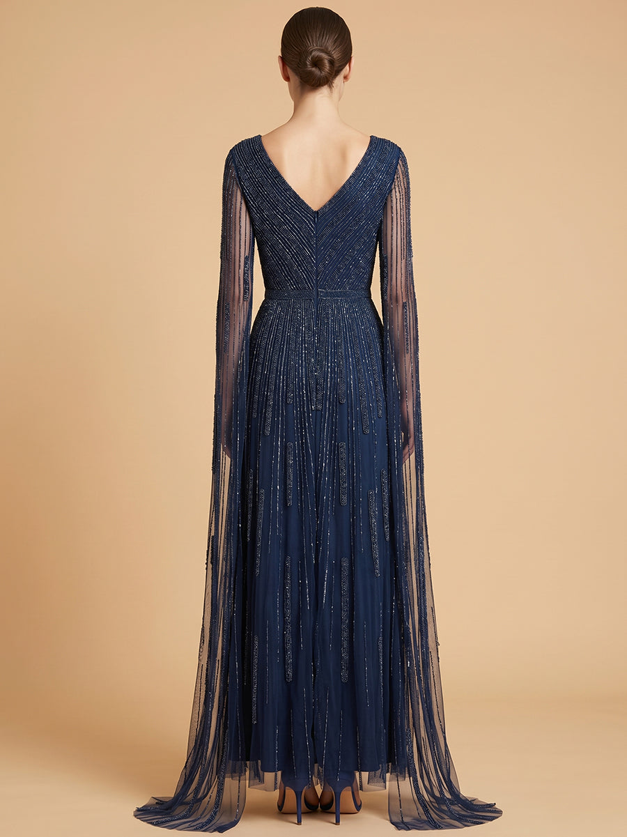 Lara 28835 V-Neck Beaded Dress with Long Cape Sleeves Nude / 22