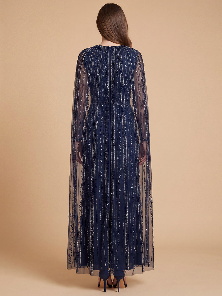 Lara 28838 V-Neck Linear Beaded Dress with Long Cape Navy / 22