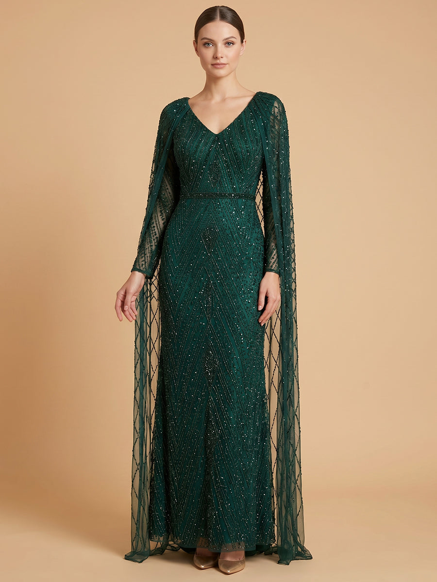 Lara 28839 V-Neck Beaded Dress with Long Cape