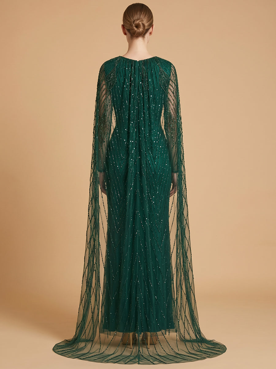 Lara 28839 V-Neck Beaded Dress with Long Cape Dark Green / 16