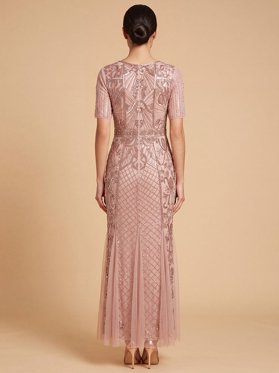 conservative formal dresses Navy Blue Long Dress with Sheer Sleeves Navy / 20 See plus Modest Dresses | FOSTANI