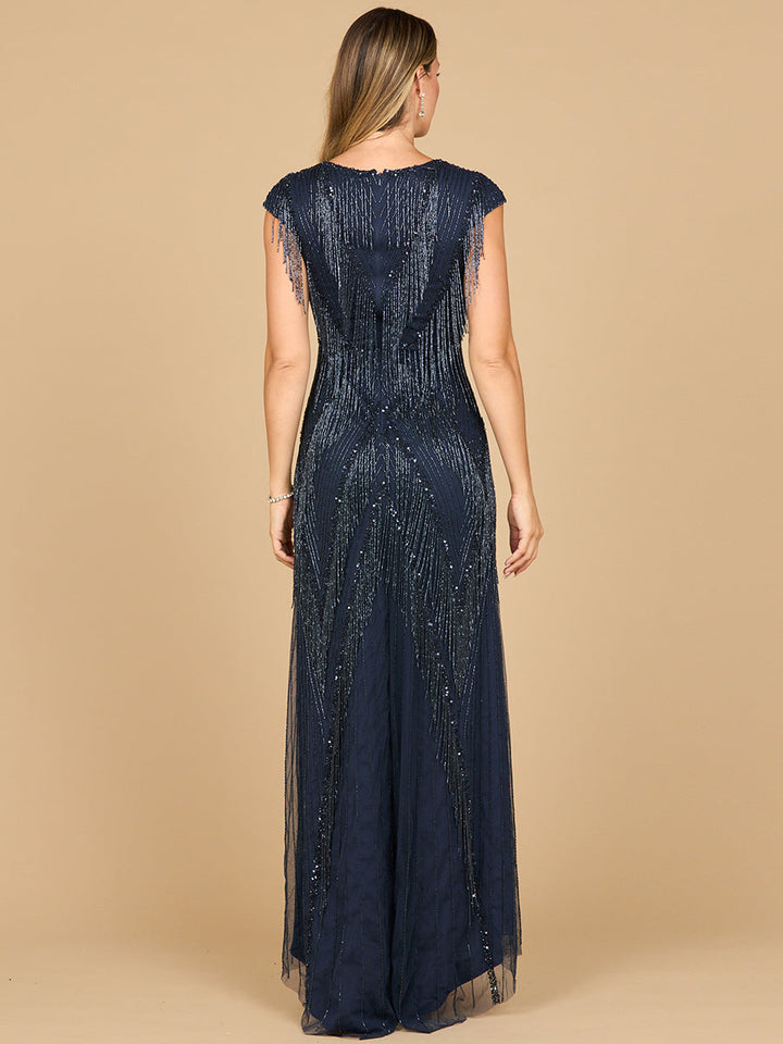Lara 28858 Beaded Fringe V-Neckline Dress with Cap Sleeves - FOSTANI.com