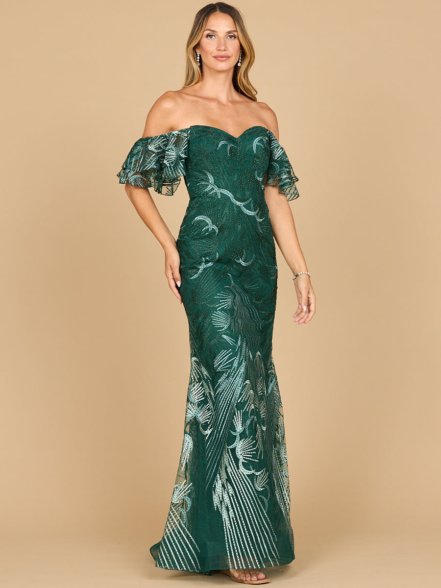 off the shoulder embroidered dress Lara 28884- Off Shoulder Mermaid Lace Gown Green Ombre / 10