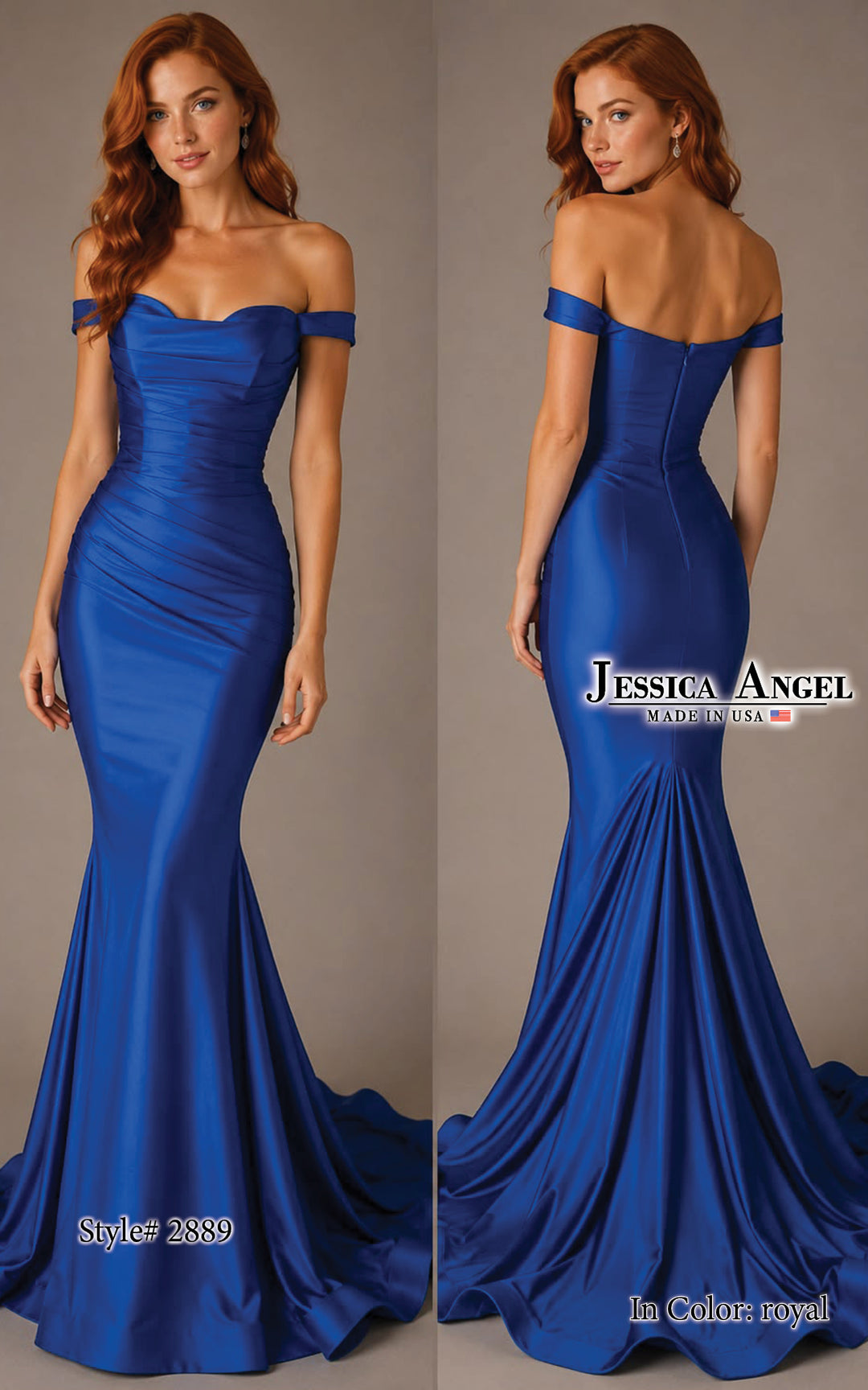 Jessica Angel 2889 off shoulder ruched sweetheart mermaid gown front and back view