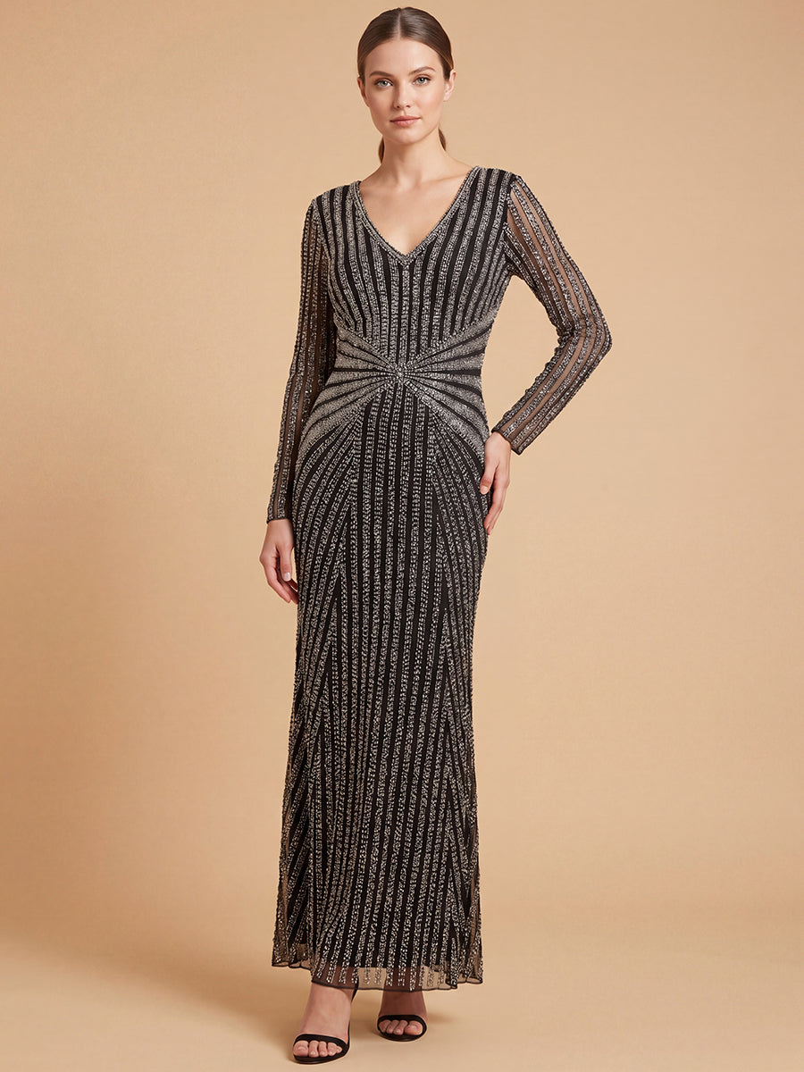 Lara 28892 fitted mermaid long sleeve beaded gown, front view