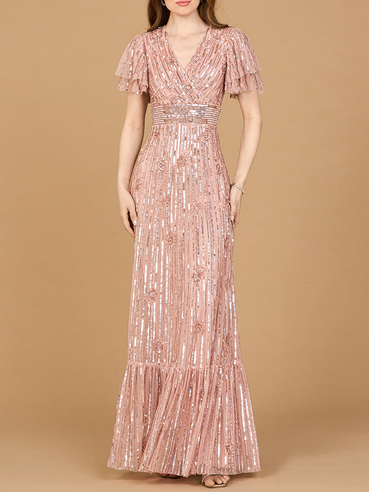 Lara 28899 Elegant Beaded Gown with Flutter Sleeves - FOSTANI.com