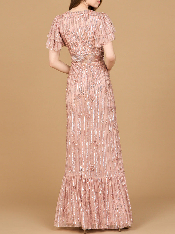 Lara 28899 Elegant Beaded Gown with Flutter Sleeves - FOSTANI.com