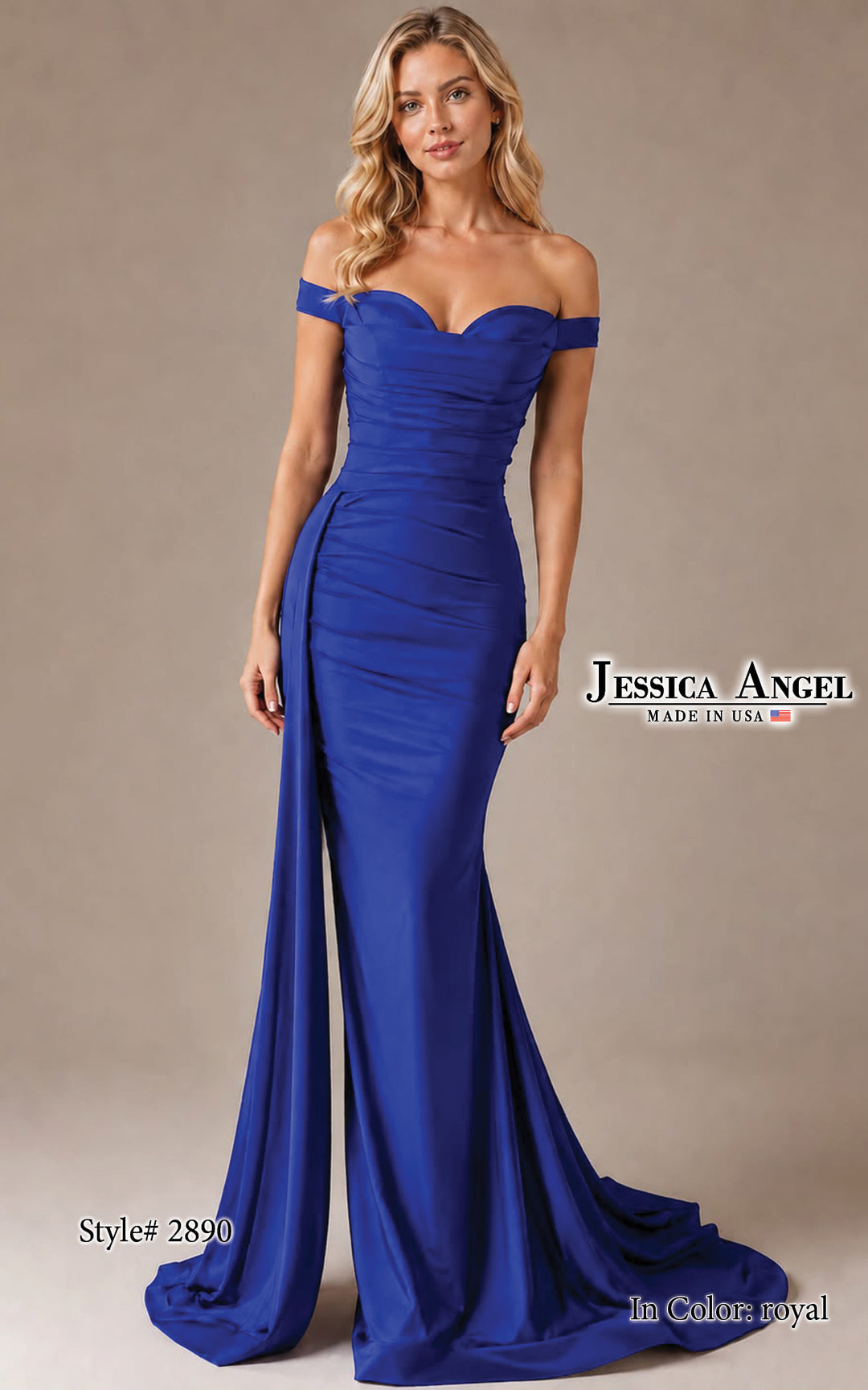 Jessica Angel 2890 off shoulder ruched gown front view
