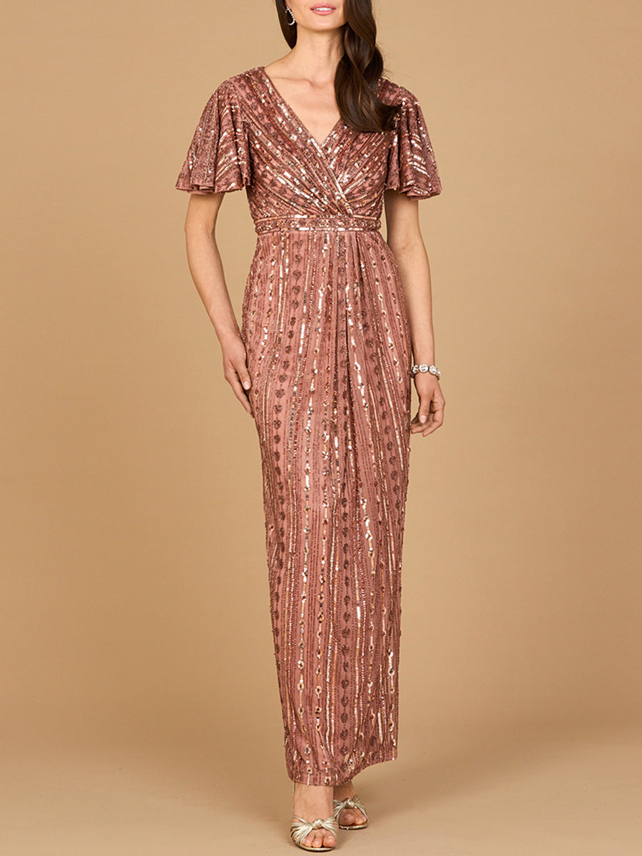 Lara 28901 Fully Beaded Gown with Flutter Sleeves - FOSTANI.com