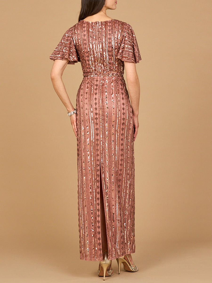Lara 28901 Fully Beaded Gown with Flutter Sleeves - FOSTANI.com