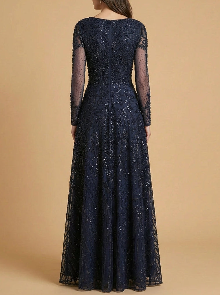 Lara 28904 high neck long sleeve embroidered gown, back view
