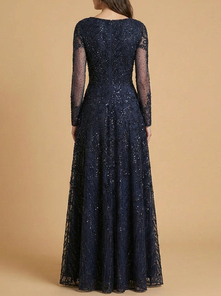Lara 28904 high neck long sleeve embroidered gown, back view