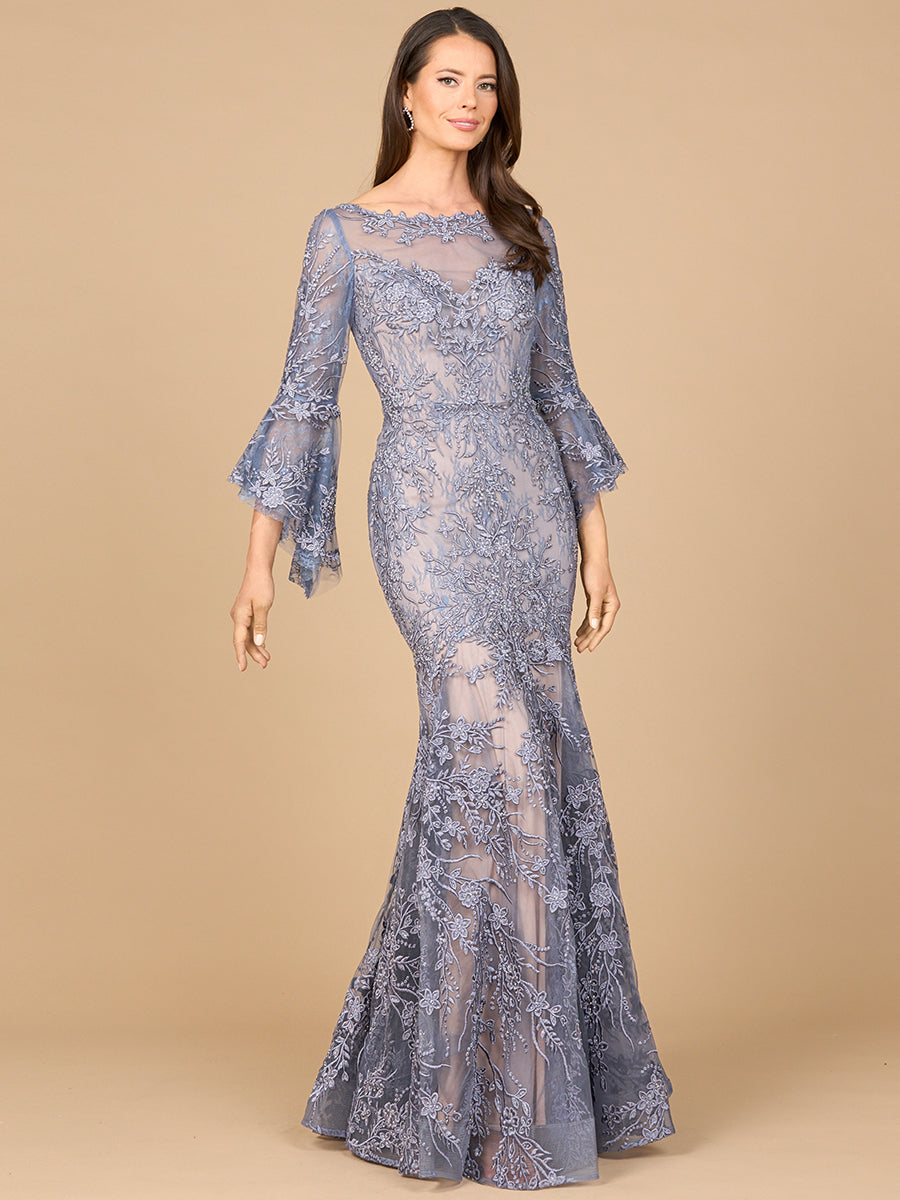 lara lace dress Lara 28906 Illusion Neckline Long Bell Sleeve Beaded Lace Dress Dusty Purple / 4