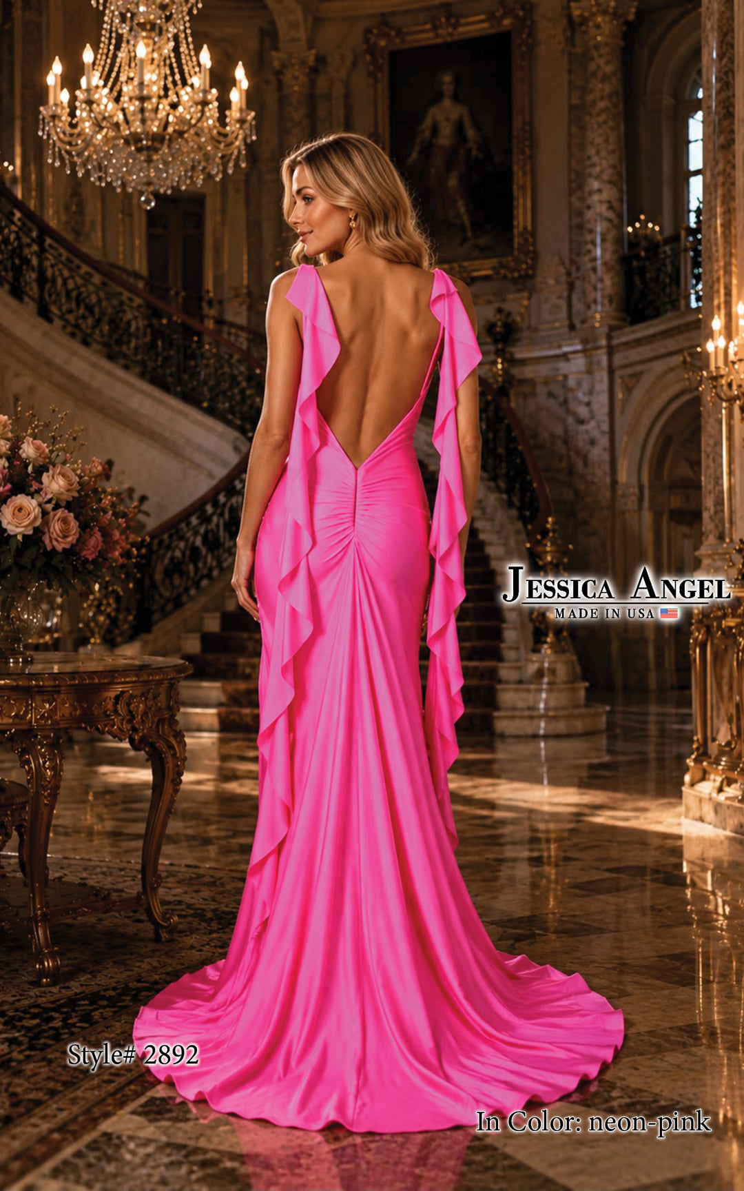 Jessica Angel 2892 ruffle streamer open back gown back view