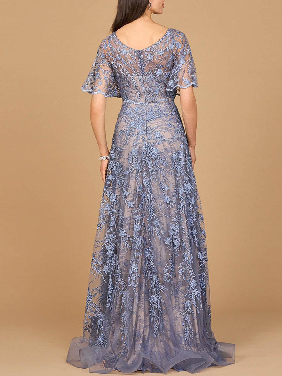 LARA 28923 V Neckline Short Flutter Sleeves Back Zipper Evening Dress, Navy / 22