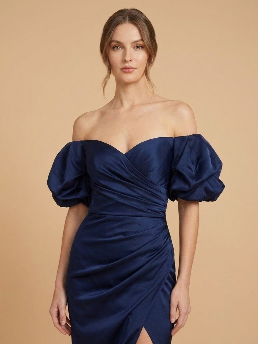 Lara 28957 off shoulder sheath dress with slit, detail