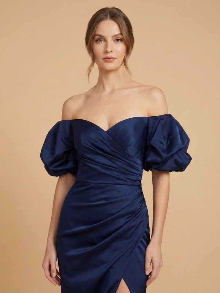 Lara 28957 off shoulder sheath dress with slit, detail