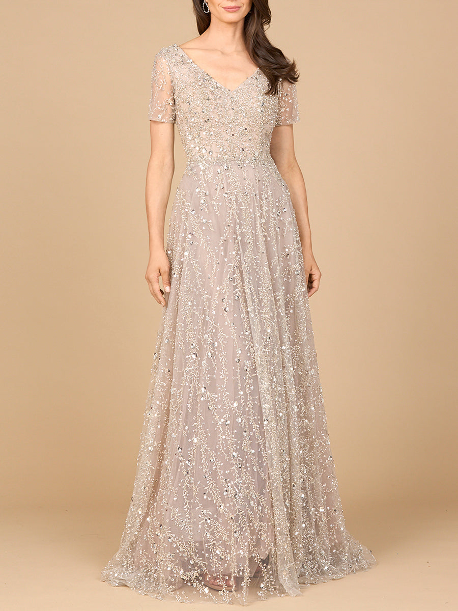 Lara 28958 short sleeve V-neck beaded ballgown, front view
