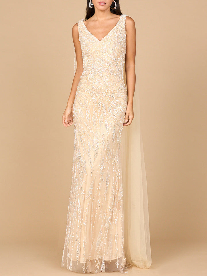 Lara 28963 V-neck gown with long cape sleeves, alternate colorway front