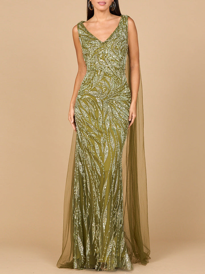 Lara 28963 V-neck gown with long cape sleeves, front view