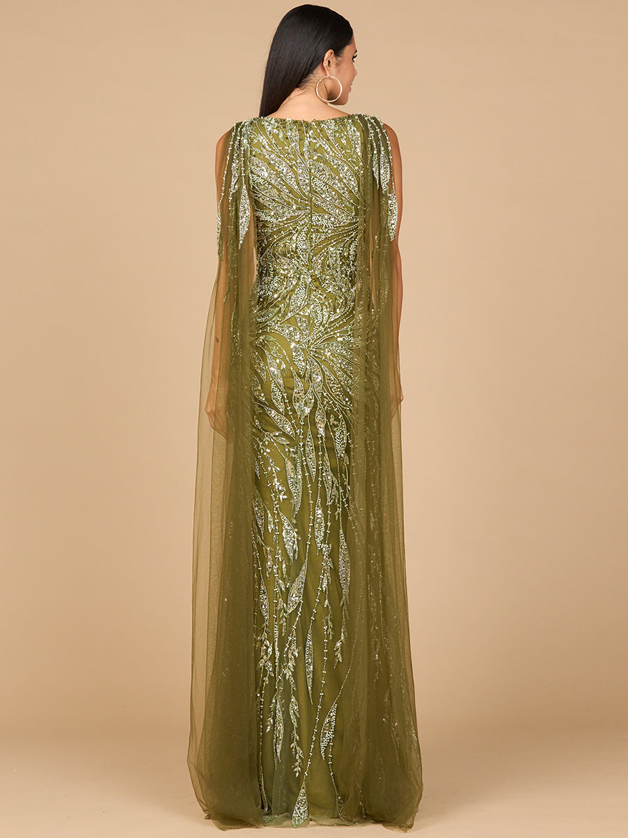 Lara 28963 V-neck gown with long cape sleeves, back view