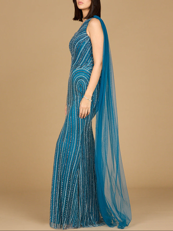 Lara 28964 one shoulder fitted beaded gown, additional view