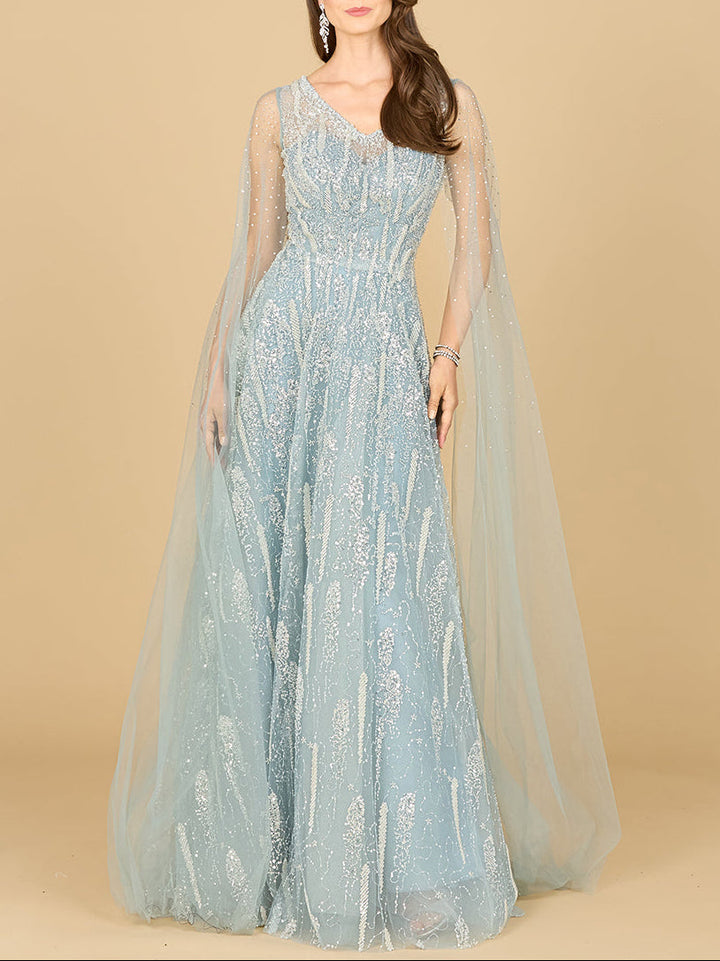 Lara 29143 V-neck gown with cape sleeves, front view