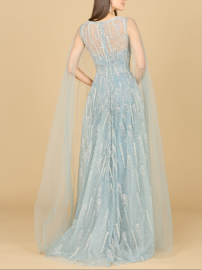 Lara 29143 V-neck gown with cape sleeves, back view