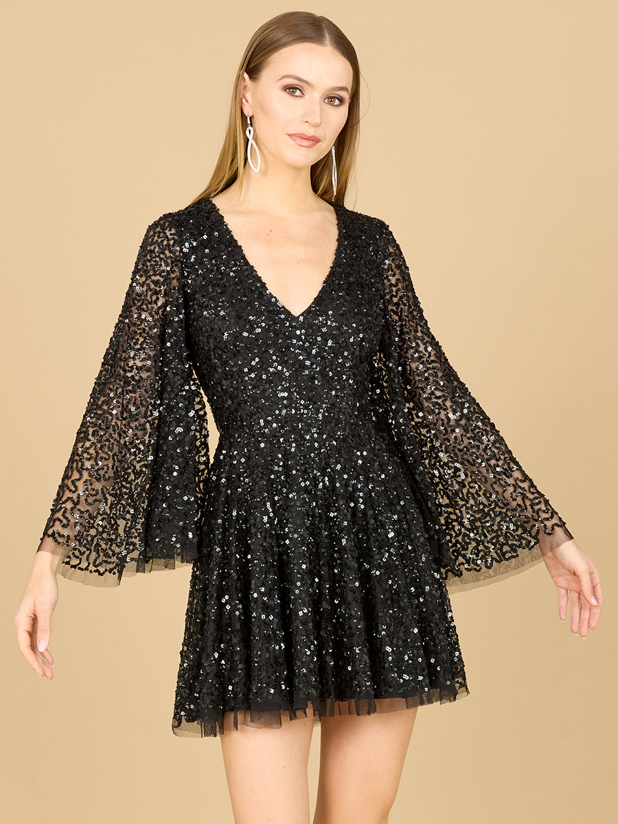 Lara 29178 bell sleeve sequin cocktail dress, front view