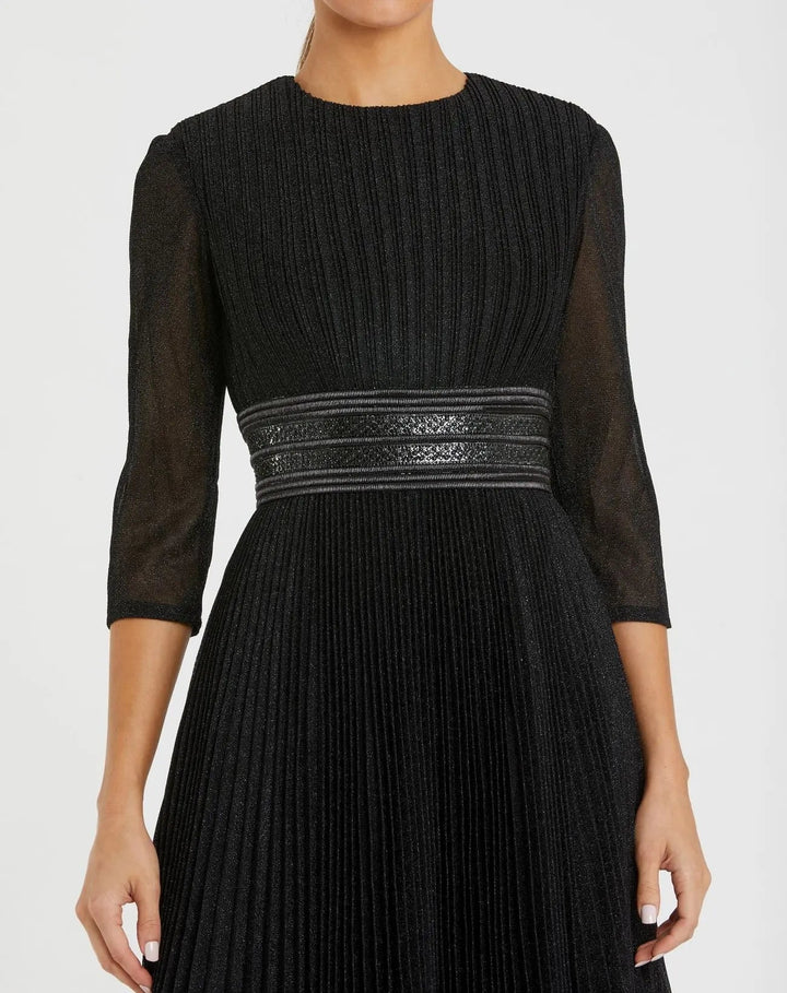 Mac Duggal 30750 Black Shimmering 3/4 Sleeve A-Line Midi Dress