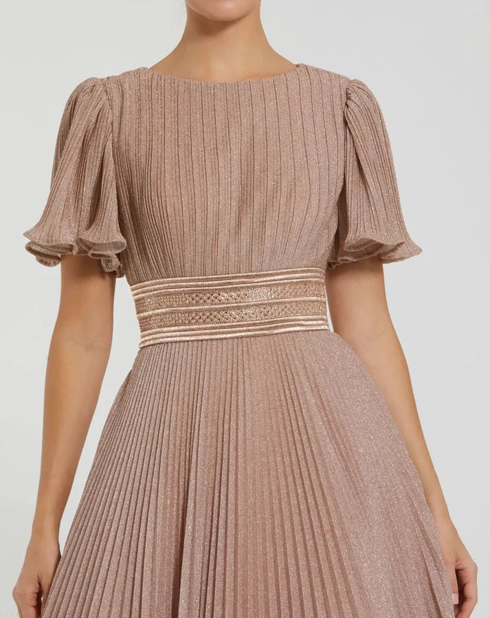 Pink Pleated Shimmering Flutter Sleeve Gown