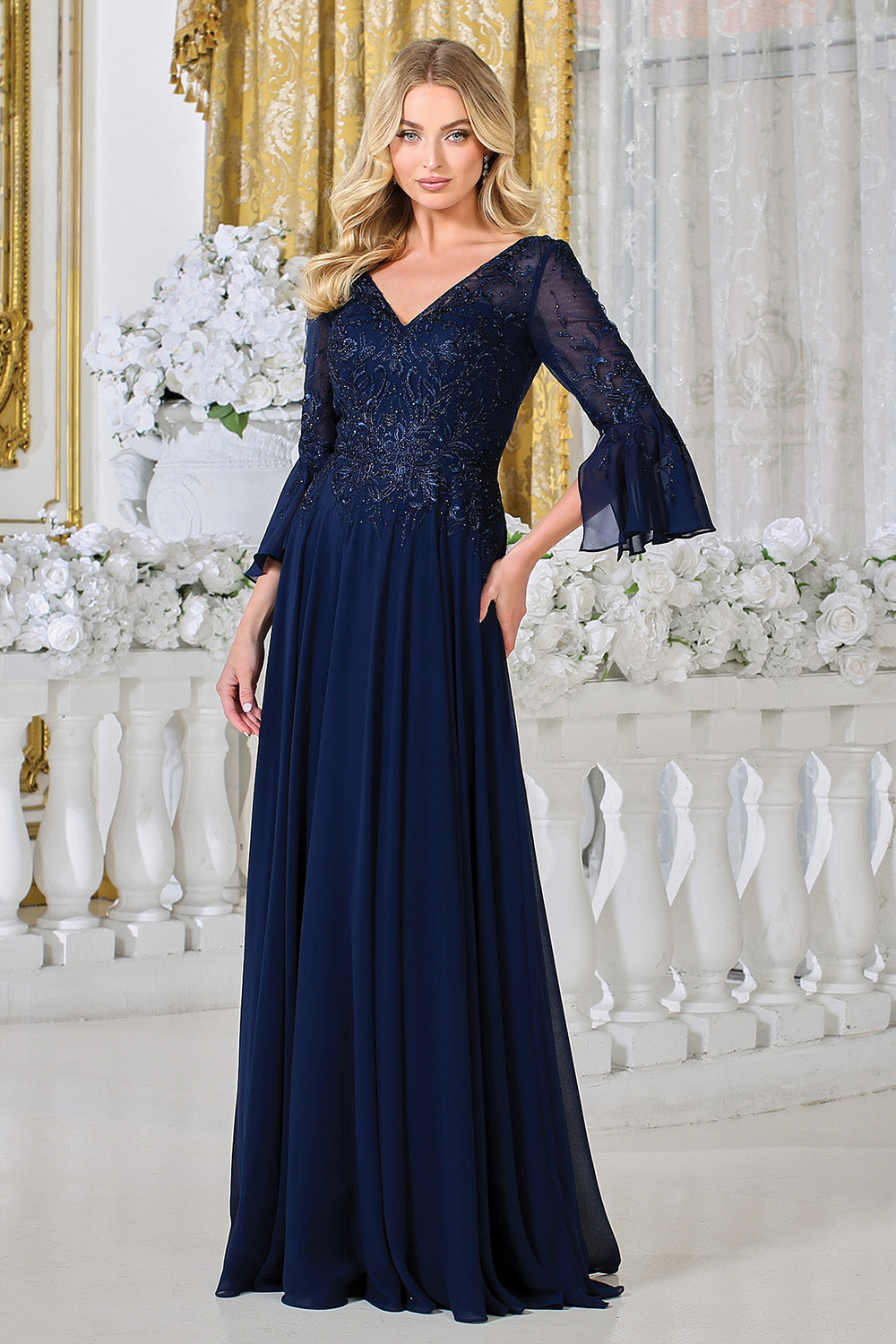 Adora 3317-03 V-Neck 3/4 Sleeve Beaded Lace Bodice Mother of the Bride Dress NAVY / 18W Adora 3317-03 V-Neck 3/4 Sleeve Beaded Lace Bodice Mother of the Bride Dress NAVY / 18W