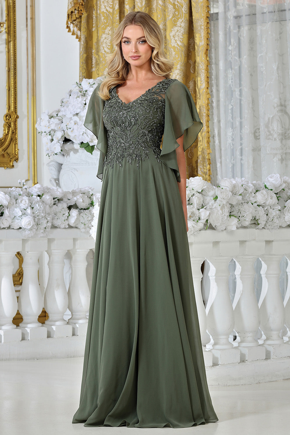 Adora 3318-03 V Neckline Flutter Sleeve Beaded Bodice Mother of the Bride Dress DARK SAGE / 14W Adora 3318-03 V Neckline Flutter Sleeve Beaded Bodice Mother of the Bride Dress DARK SAGE / 14W