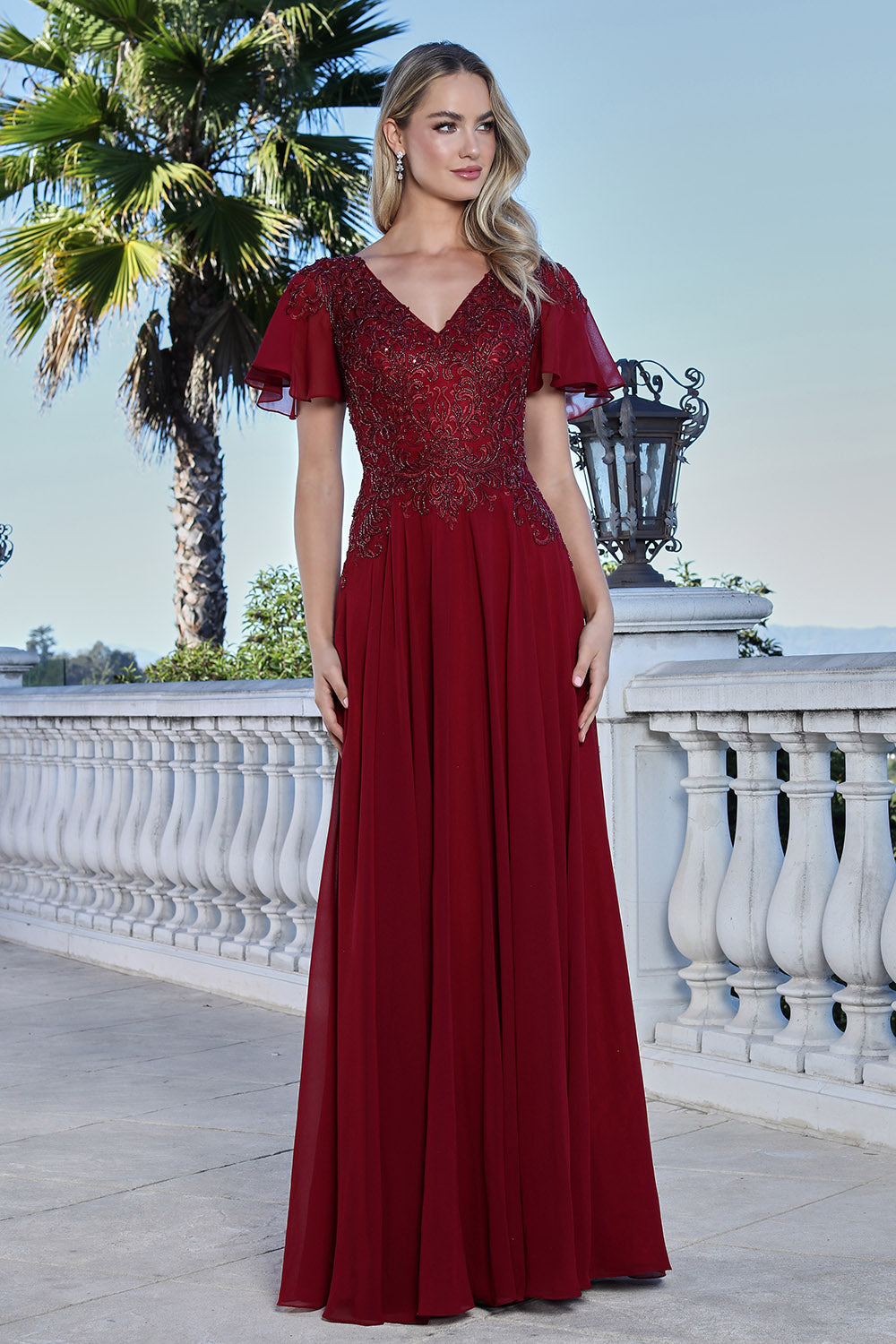 burgundy flutter sleeve dress Primavera Couture 13184