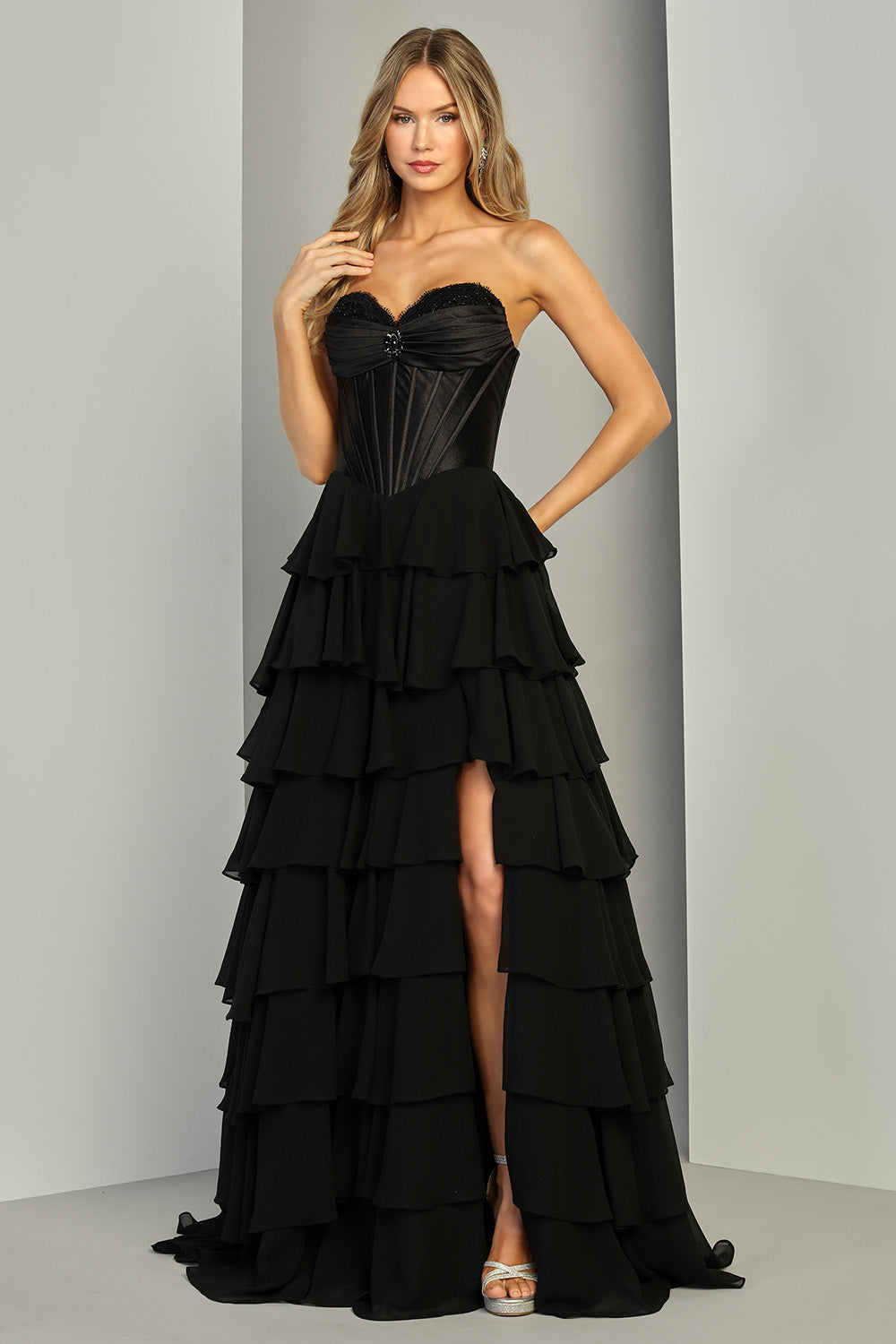 Adora 3419 strapless corset tiered ruffle prom dress front view, alternate pose