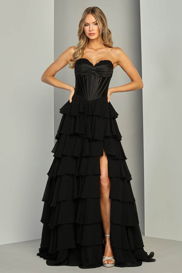 Adora 3419 strapless corset tiered ruffle prom dress front view, third pose