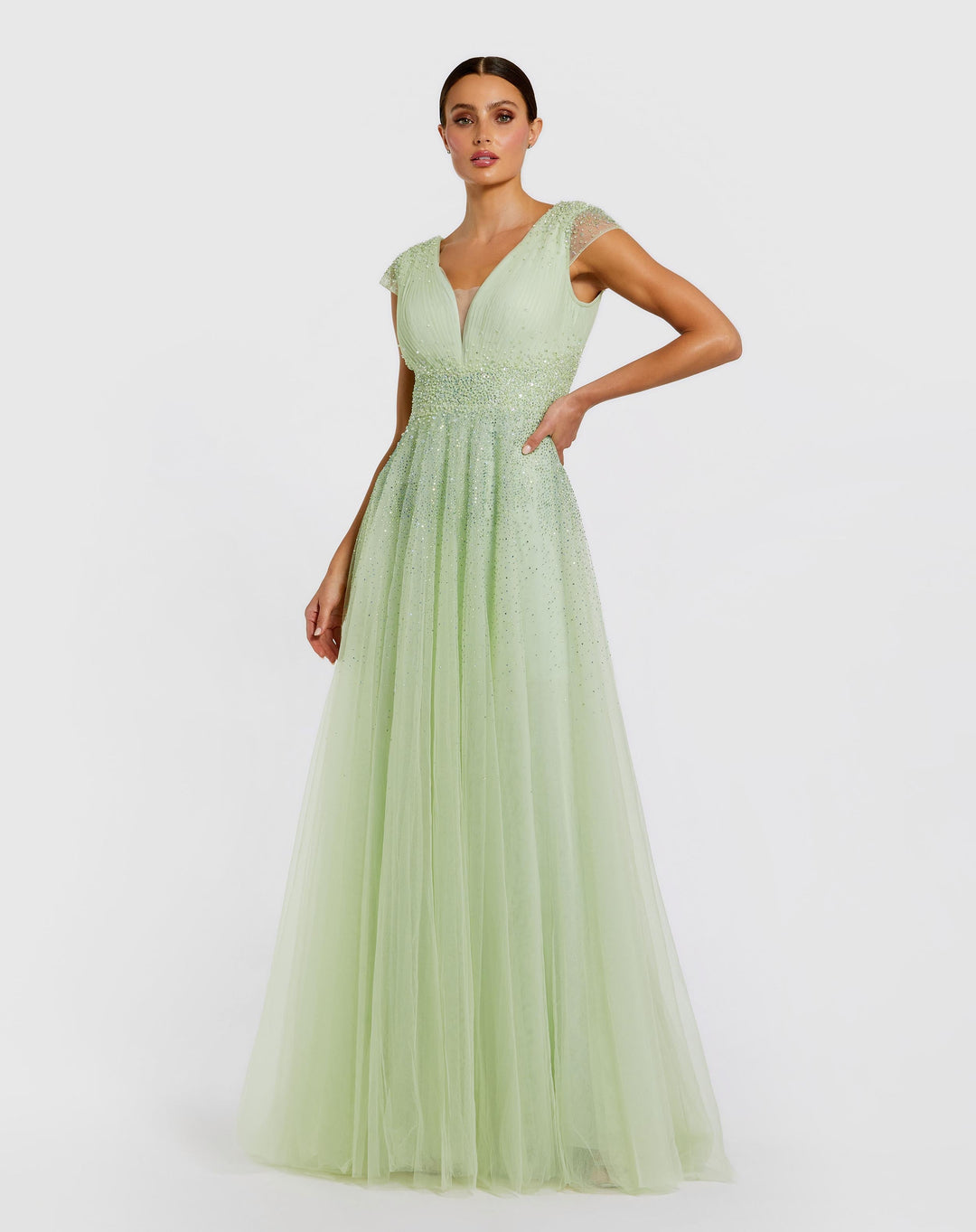 Yellow Embellished Cap Sleeve V Neck Tulle Gown